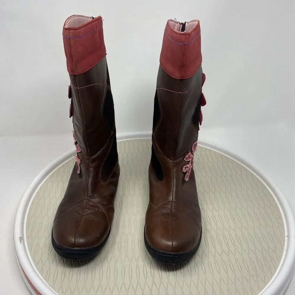 Umi Girls Flower Boots Size 2 Big Kid 34 Brown Leather Suede Zipper Tall Artsy